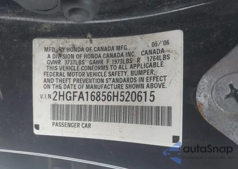 2006 Honda Civic Ex z USA, uszkodzony, nr VIN 2HGFA16856H520615